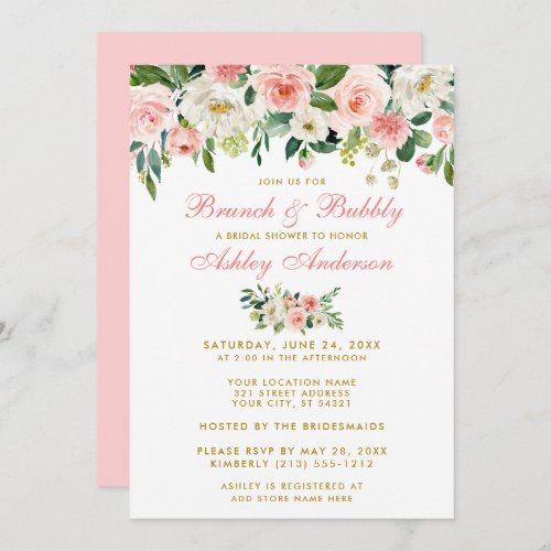 Pink Floral Bridal Shower Brunch Gold Invite GP