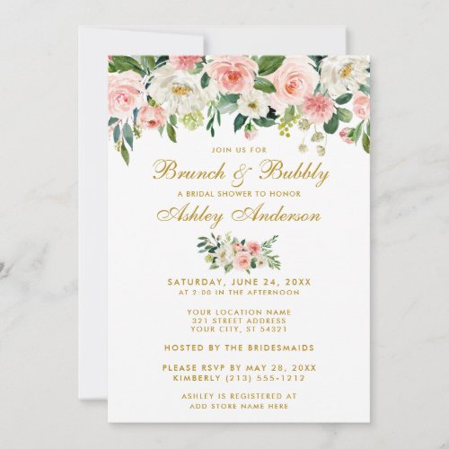 Pink Floral Bridal Shower Brunch Gold Invite Pk