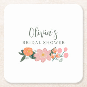 Pink Floral Bridal Shower Garden Party Greenery Square Paper Coaster