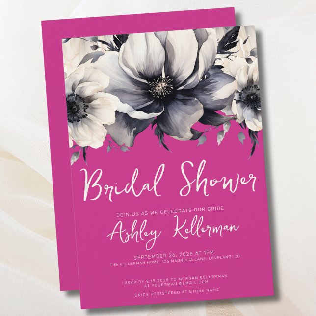 Pink Floral Bridal Shower Invitation (Watercolor Floral Bright Pink Bridal Shower Invitation)
