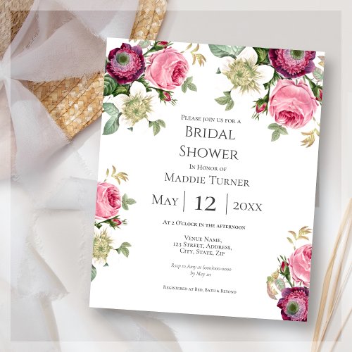 Pink Floral  Bridal Shower Invitation