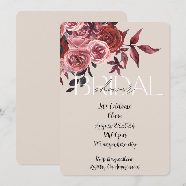 Pink floral bridal shower invitation  (Front/Back)