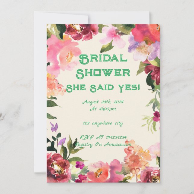 Pink floral bridal shower invitation (Front)