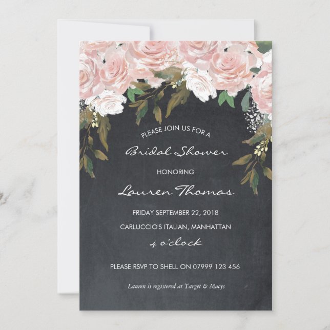 pink floral bridal shower invitation chalkboard (Front)