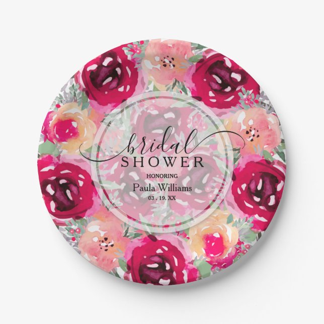 Pink Floral Bridal Shower Paper Plates (Front)