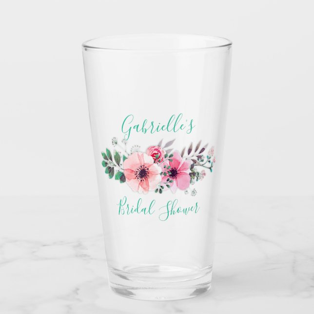 Pink Floral Bridal Shower Personalized Drinkware Glass (Front)