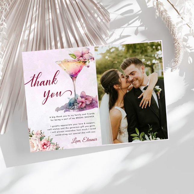 Pink Floral Bridal Shower Photo Thank You Card (Creator Uploaded)