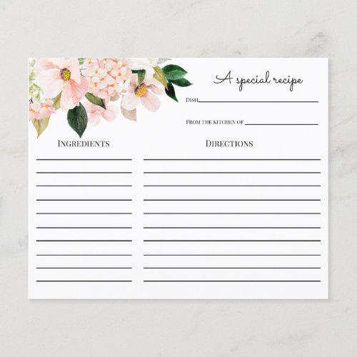 Pink Floral Bridal Shower Recipe card