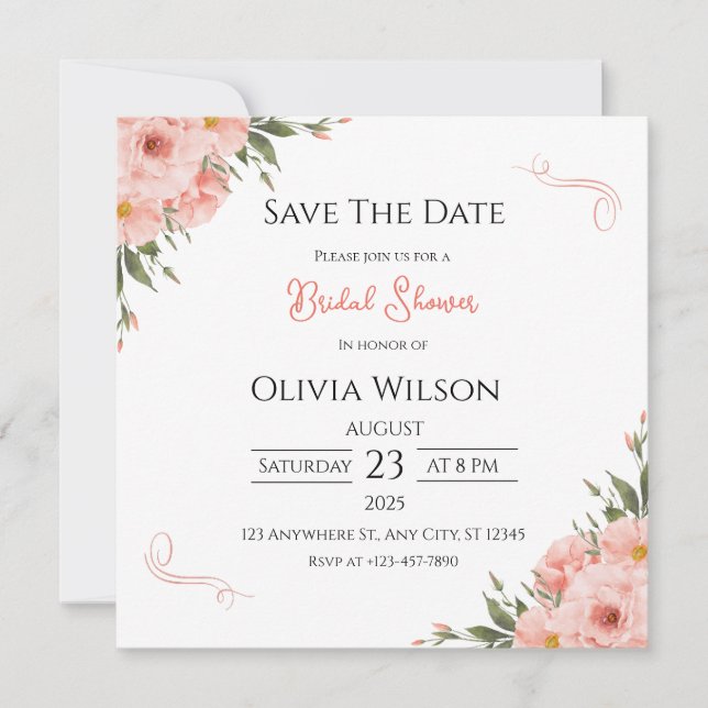 Pink Floral Bridal Shower Save The Date Card (Front)