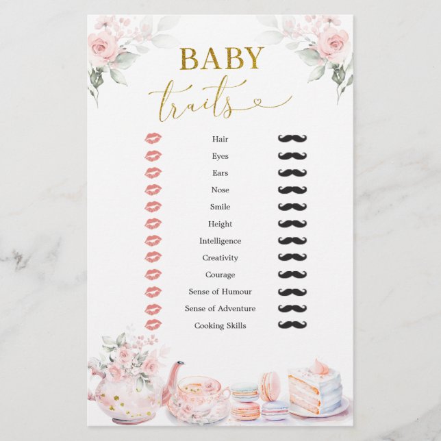 Pink Floral Bridal Shower Tea Party Baby Traits (Front)