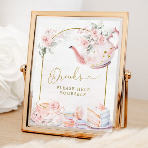 Pink Floral Bridal Shower Tea Party Drinks Sign
