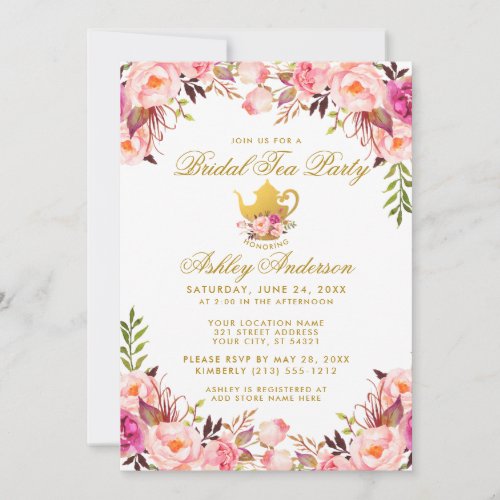 Pink Floral Bridal Shower Tea Party Gold Invitation