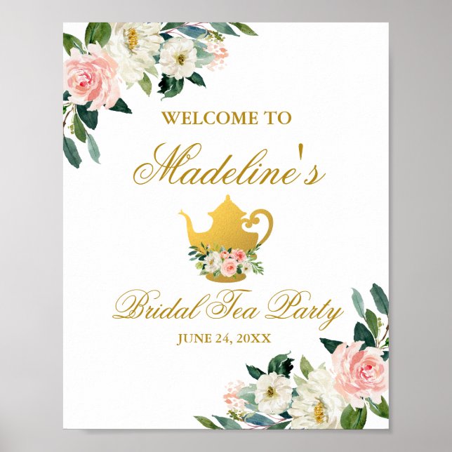 Pink Floral Bridal Shower Tea Party Gold Welcome Poster (Front)