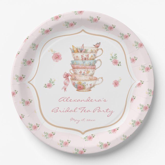 Pink Floral Bridal Shower Tea Party Paper Plates (Front)