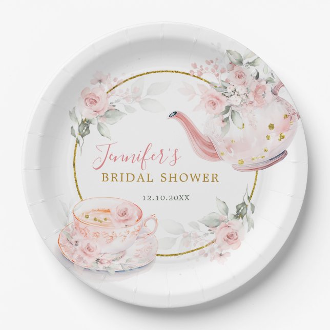 Pink Floral Bridal Shower Tea Party Paper Plates (Front)