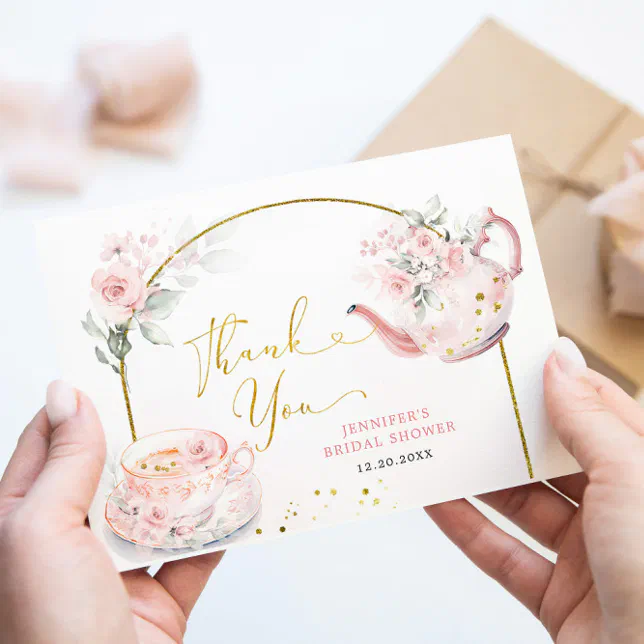 Pink Floral Bridal Shower Tea Party Thank You Card | Zazzle