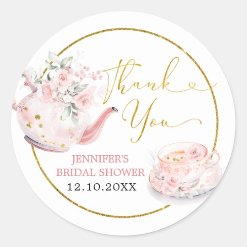 Pink Floral Bridal Shower Tea Party Thank You Classic Round Sticker