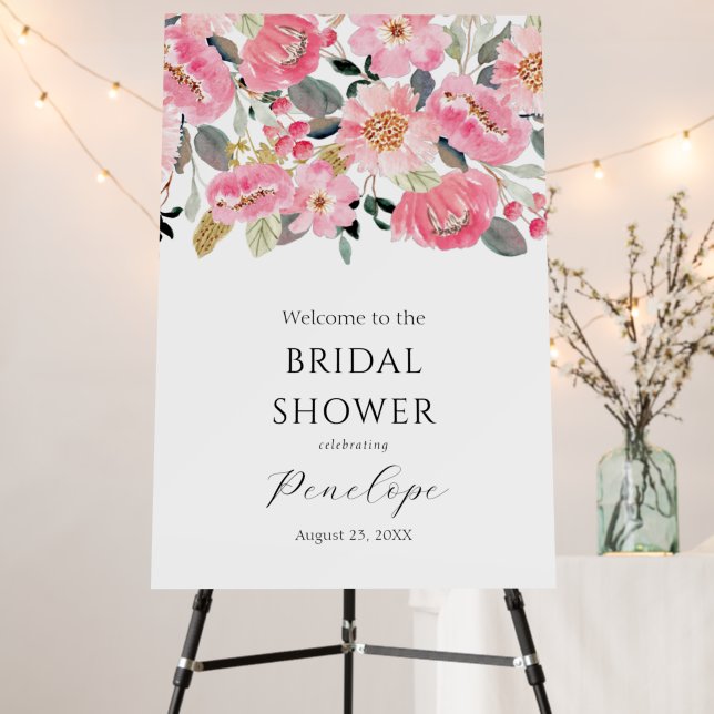 Pink Floral Bridal Shower Welcome Sign (In Situ (Stand))