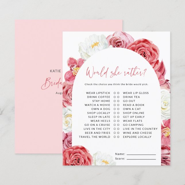 Pink Floral Bridal Shower Would She Rather Game (Front/Back)