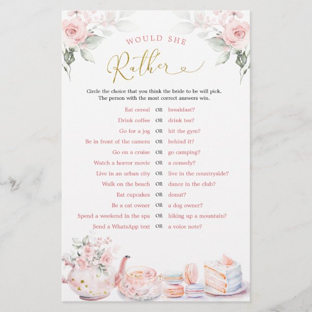 Pink Floral Bridal Tea Party Custom Games (Front)