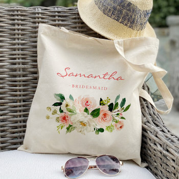 Pink Floral Bridesmaid Personalized Tote Bag by Precious_Presents at Zazzle