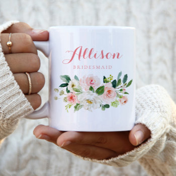 Pink Floral Bridesmaid Personalized Two-tone Coffee Mug by Precious_Presents at Zazzle