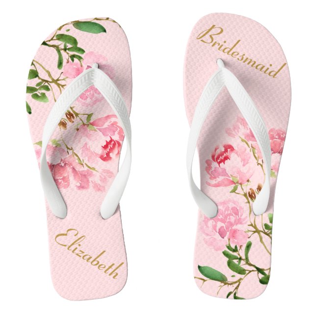 Pink Floral Bridesmaid Personalized Wedding Flip Flops (Footbed)