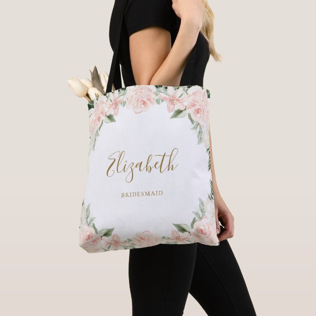 Pink Floral Bridesmaid Wedding Tote Bag (Close Up)