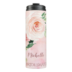 Pink Floral Bridesmaid with Name Thermal Tumbler
