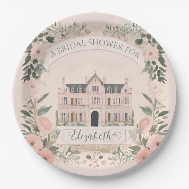 Pink Floral Bridgerton Manor House  Paper Plates (Front)