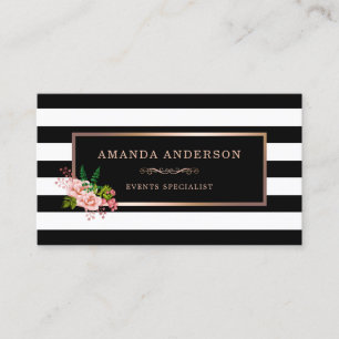 Pink Floral Bronze Frame on Stripes Business Card