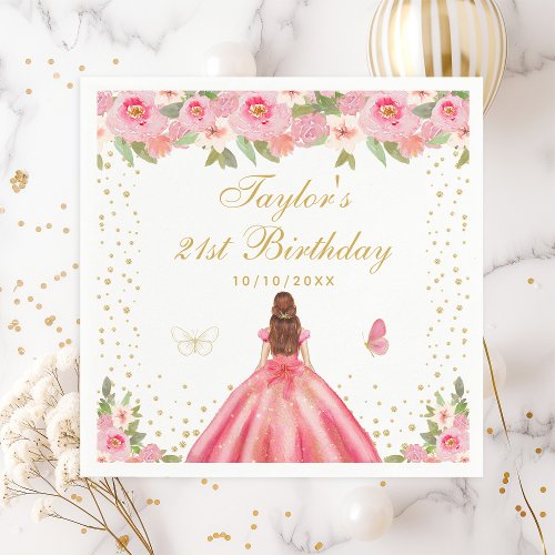 Pink Floral Brown Hair Girl Birthday Party Napkins