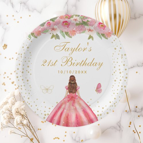 Pink Floral Brown Hair Girl Birthday Party Paper Plates