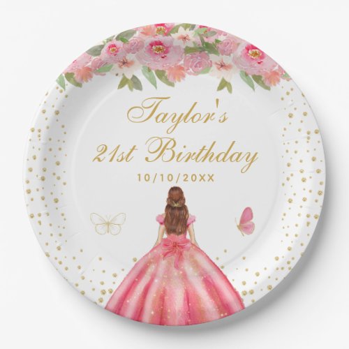 Pink Floral Brown Hair Girl Birthday Party Paper Plates