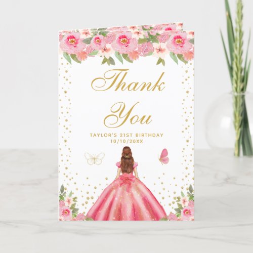Pink Floral Brown Hair Girl Birthday Party Thank You Card