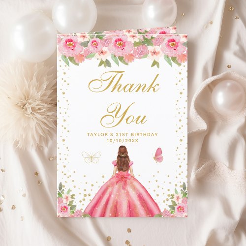 Pink Floral Brown Hair Girl Birthday Party Thank You Card