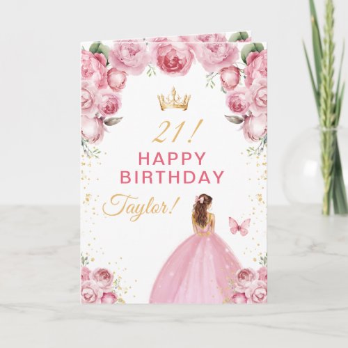 Pink Floral Brown Hair Girl Happy Birthday