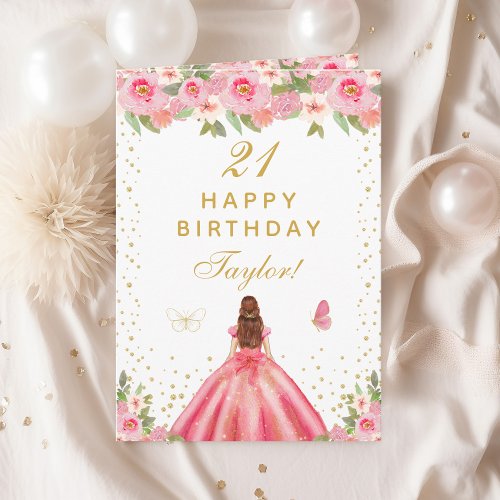 Pink Floral Brown Hair Girl Happy Birthday Card