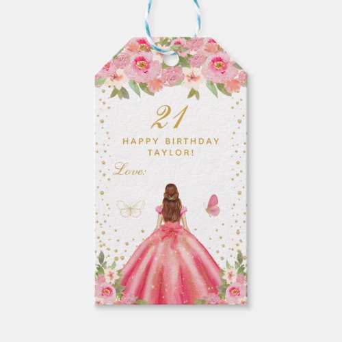 Pink Floral Brown Hair Girl Happy Birthday Gift Tags