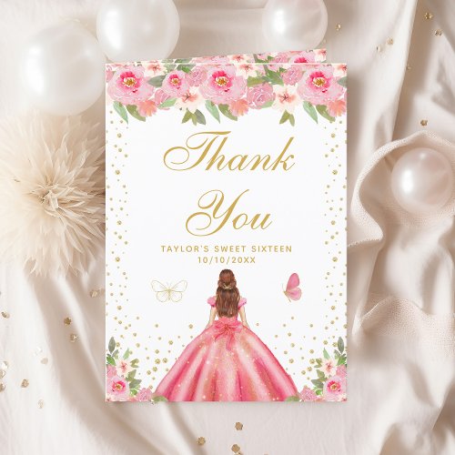 Pink Floral Brown Hair Girl Sweet Sixteen Thank You Card