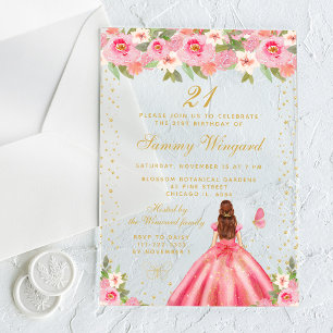 Pink Floral Brown Hair Princess Birthday Party Acrylic Invitations