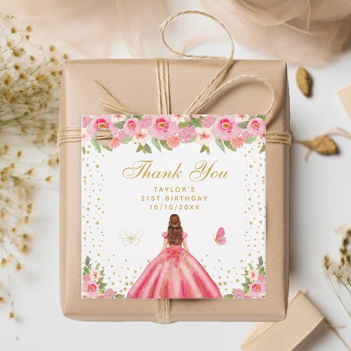 Pink Floral Brown Hair Princess Birthday Party Favor Tags