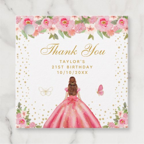 Pink Floral Brown Hair Princess Birthday Party Favor Tags