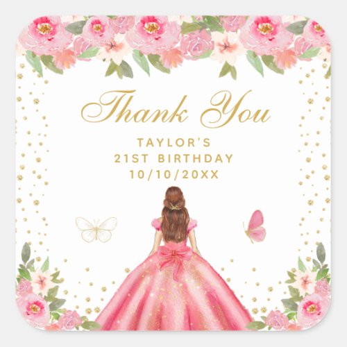 Pink Floral Brown Hair Princess Birthday Party Square Sticker