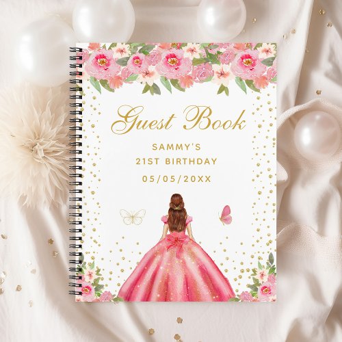 Pink Floral Brown Hair Princess Guest Book