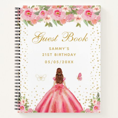 Pink Floral Brown Hair Princess Guest Book