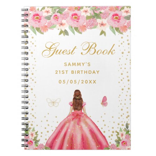 Pink Floral Brown Hair Princess Guest Book