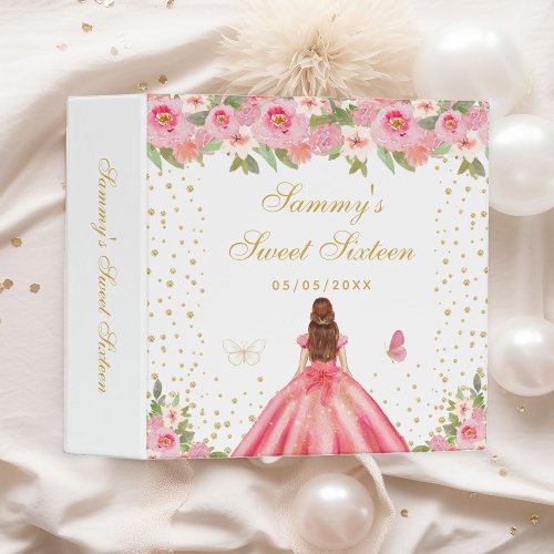 Pink Floral Brown Hair Princess Sweet Sixteen 3 Ring Binder