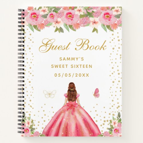 Pink Floral Brown Hair Princess Sweet Sixteen Notebook