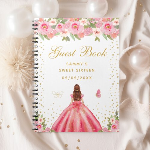 Pink Floral Brown Hair Princess Sweet Sixteen Notebook